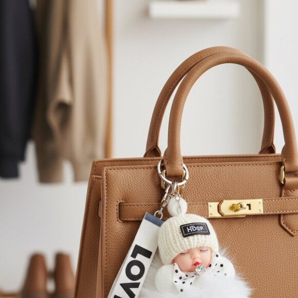 Cute Baby Sleeping Keychain with LOVE tag, Plush rabbit fur, Bag Charm - Picture 5 of 7